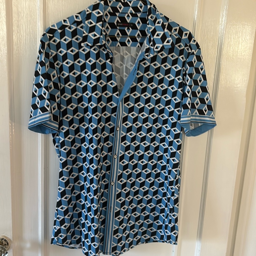 TEAL/ NAVY X-MOSAIC PRINTED PERFORMANCE SHORT SLEEVES STRETCH SHIRT Post Marc